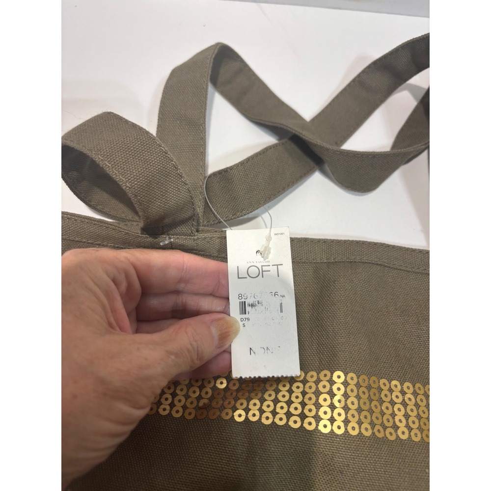 LOFT Tote Bag Women Olive Green Gold Sequin Striped Canvas Shoulder Bag - Picture 7 of 9